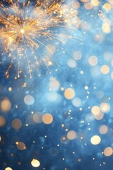 Sparkling fireworks burst in a night sky with golden bokeh lights against a deep blue background.