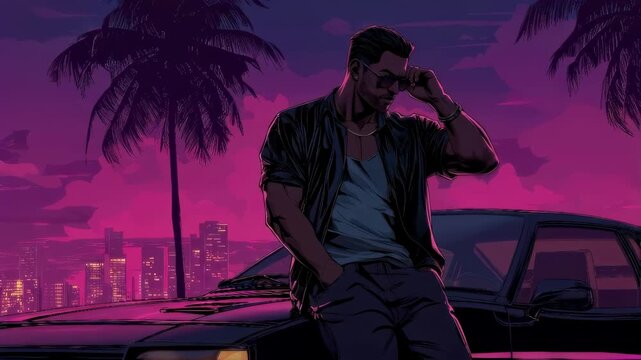 Cool guy in leather jacket with sunset and palm trees in 80s synthwave style