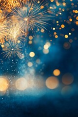 Golden fireworks burst in a dark blue sky with sparkling bokeh lights and glowing particles.