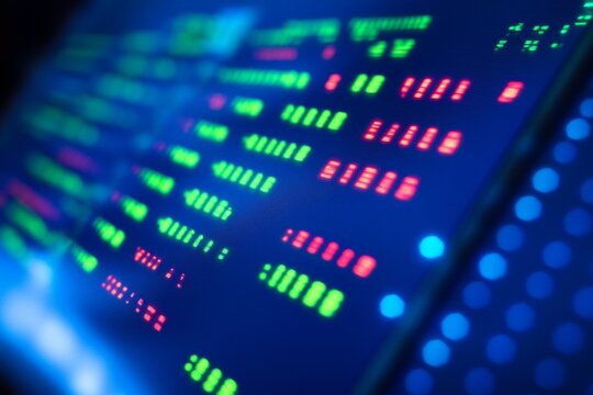 Close-up of glowing digital code on a screen with colorful text and binary patterns