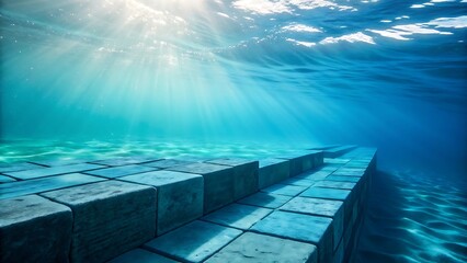 Obraz premium Sunlight filtering through blue water onto submerged stone steps