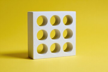 Off-white square block with nine evenly spaced circular holes, sits on a yellow background, casting a subtle shadow