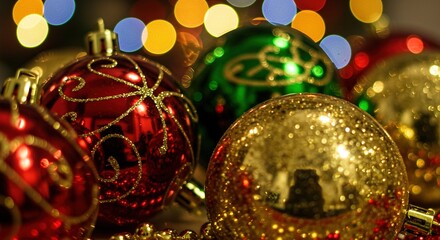 Festive Christmas Ornaments in Red, Green, and Gold