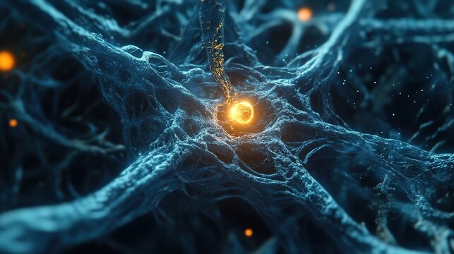 submicroscopic. A single, complex, glowing molecule emerges from a dark, primordial aqueous solution, symbolizing the spark of life. STEM education sheets.