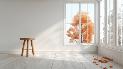 Minimalist room with wooden stool, autumnal sunlight streaming through large window showcasing an orange tree outside, and scattered fallen leaves on the light wood floor