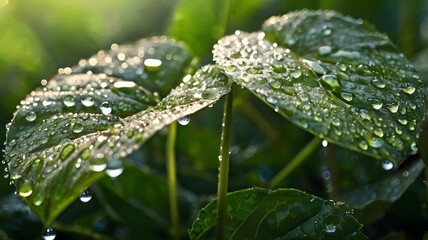 Fresh dew drops on leaves background, natural macro texture, morning light, eco-friendly style.