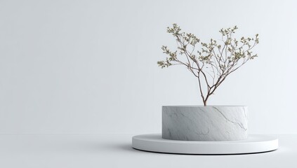 Minimalist scene A small, dried plant sits atop a white marble cylinder, which rests on a larger white circular base, all against a stark white background