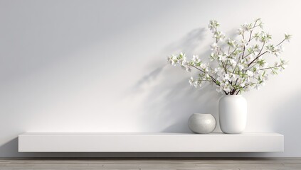 Minimalist scene a white shelf against a white wall displays a white vase holding blossoming branches and a smaller grey vessel; sunlight casts shadows