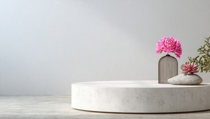 Minimalist scene featuring a round marble podium, a pink flower in a unique vase, a succulent on a stone, and a sprig of greenery against a light wall.  Sunlight streams in