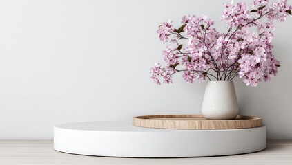 Minimalist scene featuring a white, round display platform, a light wood tray, and a vase of delicate pink blossoms against a white wall