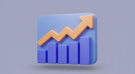 A 3D icon of a rising blue bar chart with an orange arrow indicating upward growth and progress.