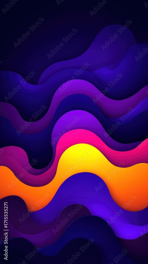 Poster vibrant abstract flowing waves in bright neon colors with smooth gradient transitions and dark backg