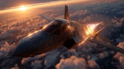 Stunning fighter jet soaring through sunset clouds, dramatic aviation technology concept