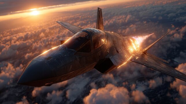 Stunning fighter jet soaring through sunset clouds, dramatic aviation technology concept