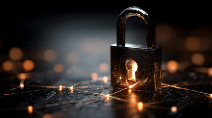 A secure padlock symbolizes online security, surrounded by network of glowing connections, representing digital protection and safety