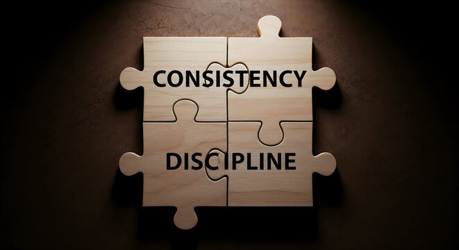 Key to success consistency and discipline puzzle pieces connect