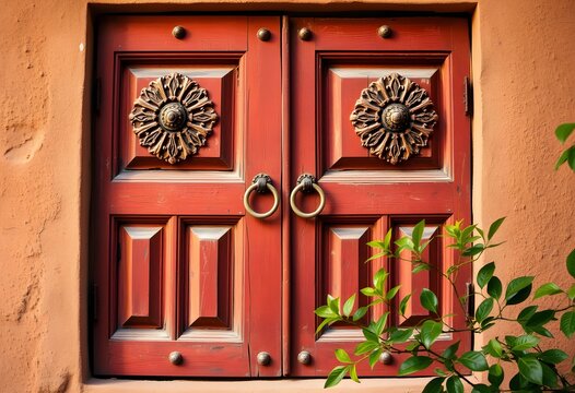 Wooden door with orange wall
