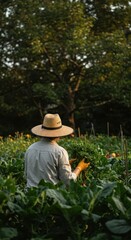 Person in Straw Hat Harvesting Fresh Greens for Sustainable Eco Friendly Agriculture