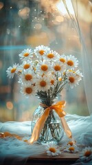 A glass vase holds white daisies with yellow centers, tied with a ribbon, on a draped surface near a window. AI.