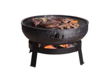 Black Bowl of Grilled Steak on a Portable Grill