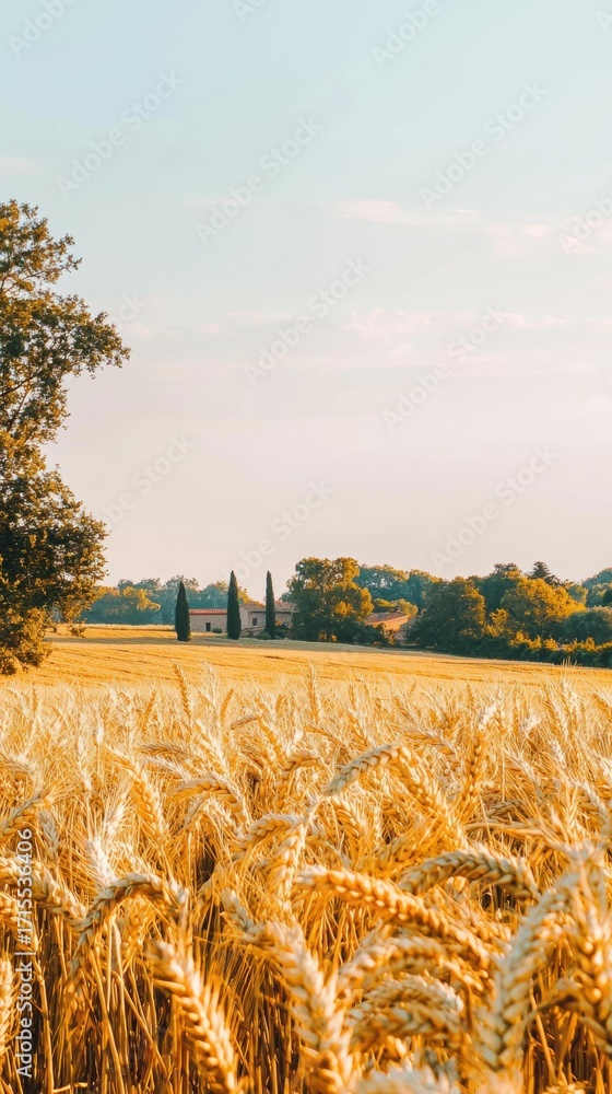 Poster golden wheat field under a blue sky. there are trees and a building in the background. ai.