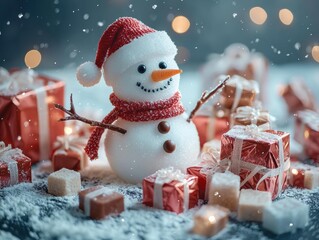 Snowman with hat and scarf stands amidst gifts and marshmallows in a snowy scene. AI.