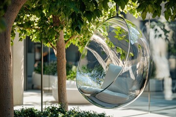 A clear bubble chair hangs from a tree branch. Inside the chair are cushions. Green leaves surround the hanging chair. AI.