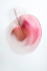 A pink fruit with a stem sits against a white background with a motion blur effect. AI.