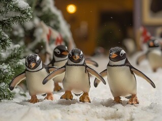 Group of penguin figurines stand in snow, wings out. Some snow on tree on the left. AI.
