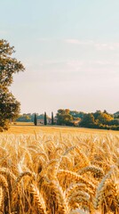 Golden wheat field under a blue sky. There are trees and a building in the background. AI.
