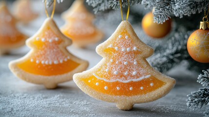 Tree-shaped cookies with yellow centers hang near branches and ornaments. White sprinkles decorate the cookie edges. AI.