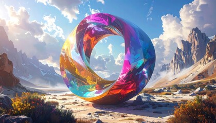 A vibrant, colorful, abstract sculpture stands amidst a breathtaking mountain landscape, bathed in sunlight.