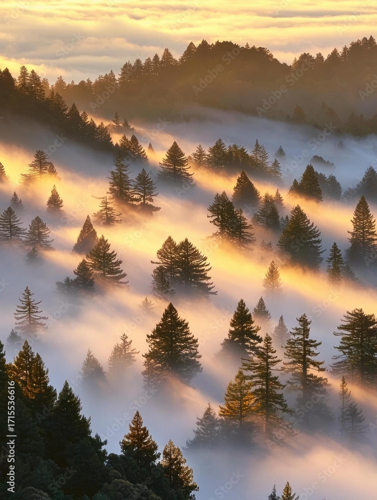Poster trees in fog are lit by golden sunlight. the forest is layered with trees in the distance. ai.