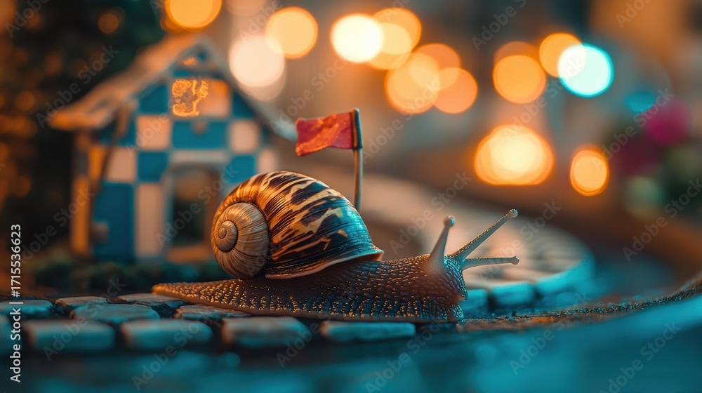 Poster snail on a cobblestone path with a red flag and a checkered house in the blurred background. ai.