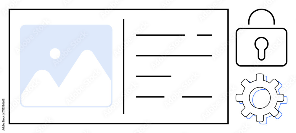 Aufkleber digital card with image preview, text layout, security lock, and settings gear. ideal for website de