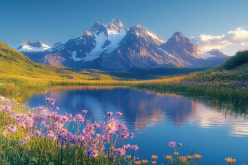 Lake reflects snowy mountains under a blue sky. Grass and colorful wildflowers surround the water. AI.