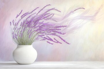Lavender in a white vase with purple wisps on a soft pastel background. AI.