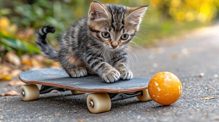 A tabby kitten sits on a skateboard, with an orange ball next to it, outdoors. AI.