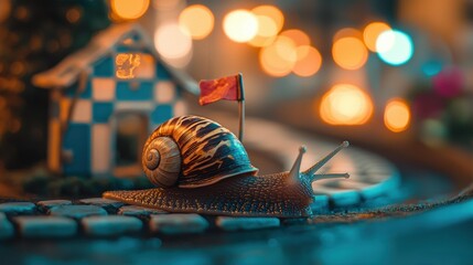 Snail on a cobblestone path with a red flag and a checkered house in the blurred background. AI.