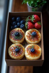 Four pancakes with blueberries and herbs in a box, along with fresh blueberries and strawberries. AI.