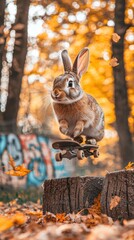 A rabbit is standing on a skateboard that is in the air. There are fall leaves and tree stumps around. AI.