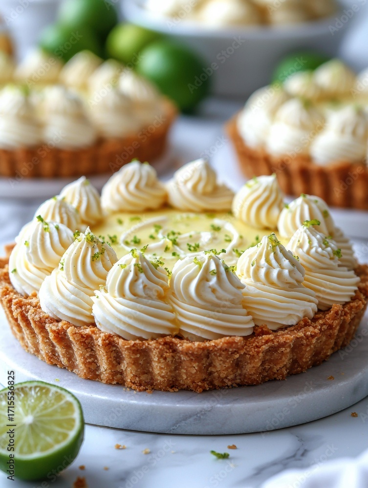 Poster a lime tart with a swirl of creamy frosting and a graham cracker crust sits on a marble surface. ai.