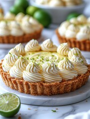 A lime tart with a swirl of creamy frosting and a graham cracker crust sits on a marble surface. AI.