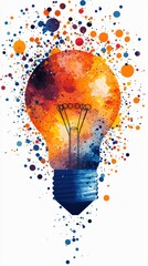 A light bulb graphic, mostly orange and blue, surrounded by colorful splattered dots on a white background. AI.