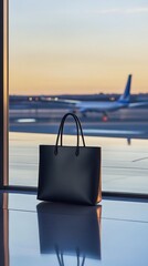 A black tote bag sits near a window at an airport, with an airplane visible outside. AI.