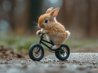 A small, fluffy, tan and white bunny sits atop a miniature black bicycle on a rough stone surface. AI.