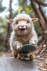 Woolly sheep rides a teal skateboard on a wooden path in a forest. AI.