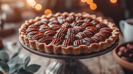 Pecan pie on a pedestal stand, topped with nuts, is displayed against a bokeh background. AI.