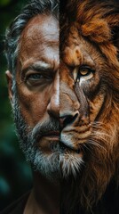 Half face of a bearded man and half face of a lion are aligned vertically. AI.