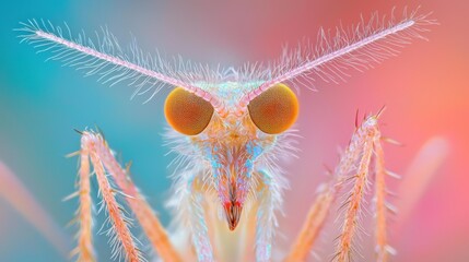 Insect close-up shows orange eyes, feathery antennae, and legs. Colorful background. AI.